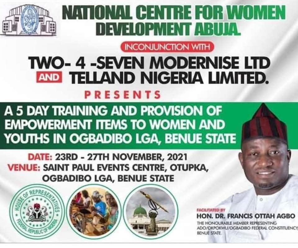 A 5 Day Training and Provision of Empowerment Items to Women and Youths in Ogbadibo LGA, Benue State